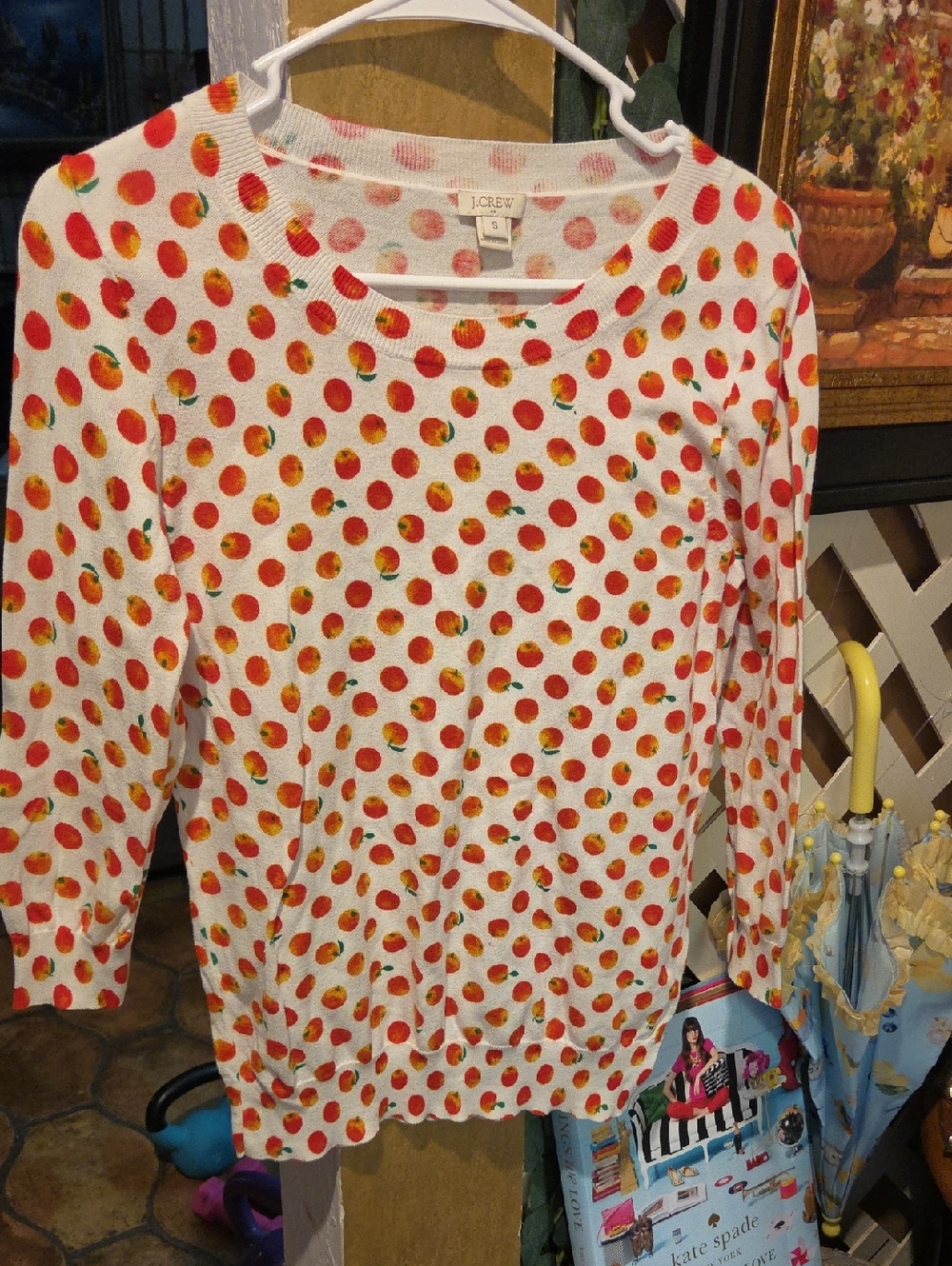 J. Crew White Sweater with Red and Orange Polka Dot Fruit Print